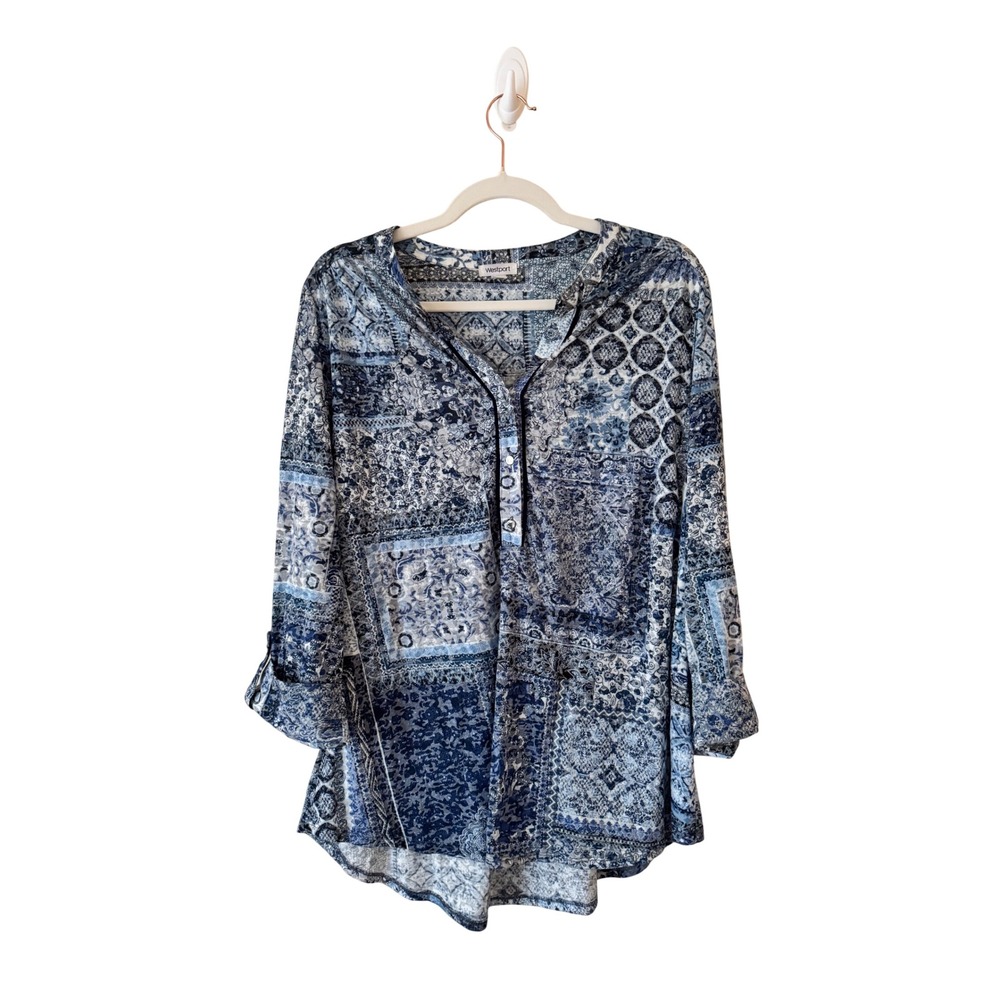 Westport Blue Patchwork Paisley Print‎ 3/4 Roll Tab Sleeve Blouse Tunic 1X Boho